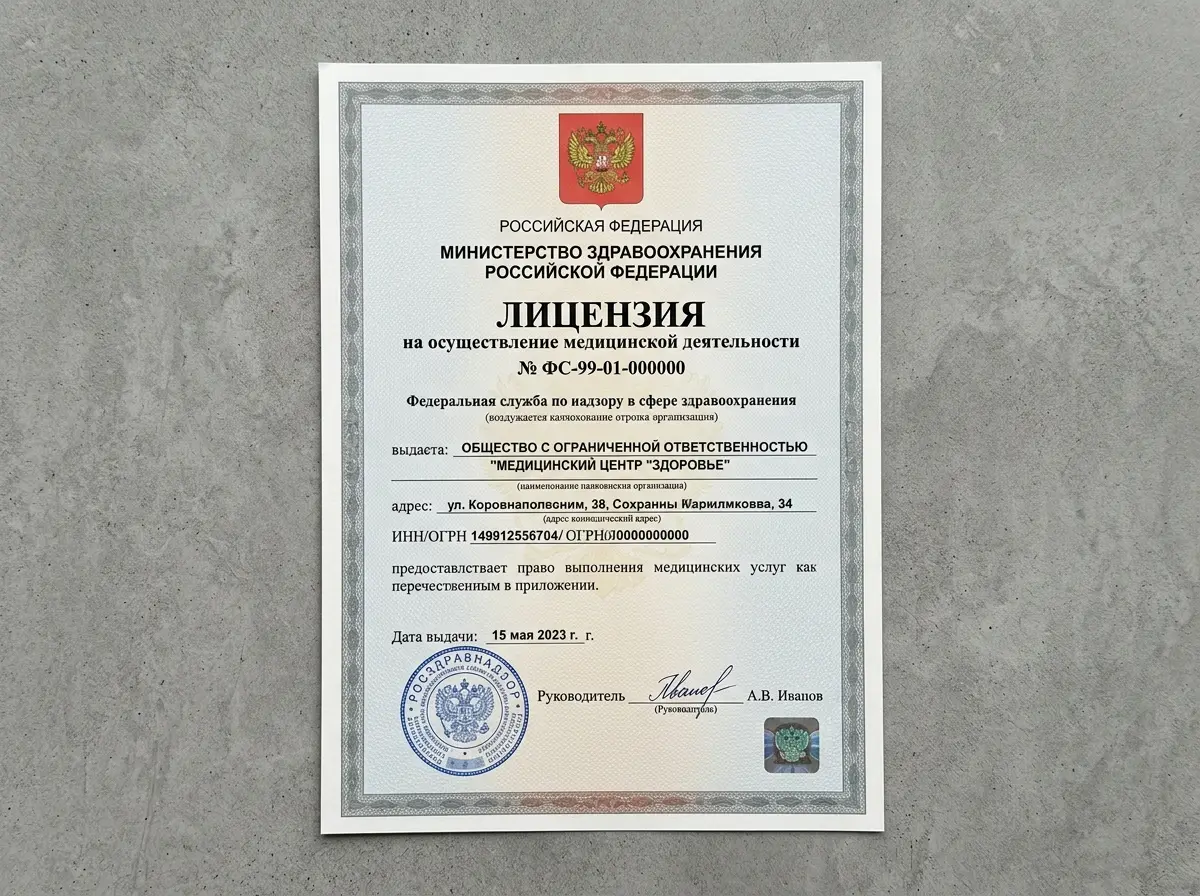 Лицензия на осуществление медицинской деятельности Росздравнадзора, официальный документ с гербом Российской Федерации, серый фон
